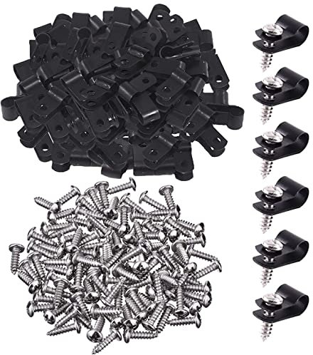 GTIWUNG 100 Piezas 1/8 Pulgada Clip de Cable de Tipo R Abrazadera de Alambre, Sujetador de Cables de Nailon con Tornillos, Clip de Fijación de Cuerda de Montaje para Organización de Alambre, Negro
