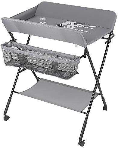 Wickelkommode Klappbar, Mobiler Wickeltisch, Babypflegetisch mit Sicherheitsgurt Ablagefächern, Tragbar Wickeltisch, Platzsparend & Stabil 80 * 66 * 98cm (Grau)