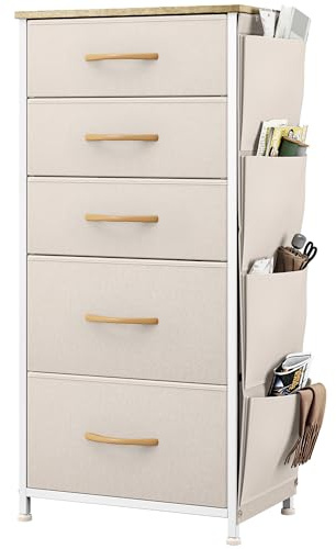 YITAHOME Kommode, 5 Stoffschubladen mit Griffen, Aufbewahrungsschrank mit Haken, Schubladenschrank mit Seitentaschen, Schrank, Metallgestell,stoffkommode für Schlafzimmer,Wohnzimmer,Flur,Büro, beige