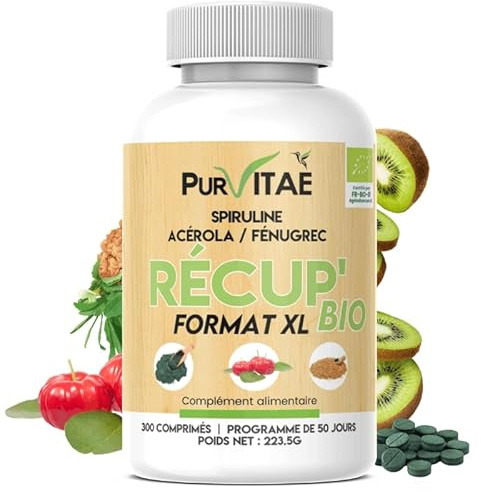 Récup Bio | Spiruline, Acérola, Fénugrec | 140 comprimés, 23 jours | 70% de protéine végétale | Diminue les courbatures | Antioxydant naturel
