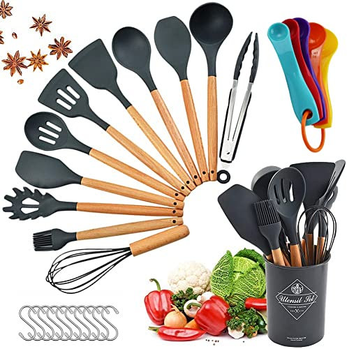 Kitchen Utensil Set Silicone Cooking Utensils, 27 Piece Silicone Utensil with Holder Heat Resistant Cooking Utensils with Wooden Handle for Non Stick Cookware Pans, Kitchen Gadgets Tool Set (Grey)