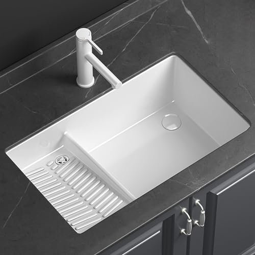 Lavandino rettangolare in ceramica bianca da bagno sottopiano,lavabo lavanderia da esterno,lavatoio ceramica,Con rubinetto bianco, adatto per lavanderia, balcone, bagno, cortile ( Size : 68*41.5 )