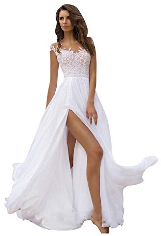 Abendkleider Brautkleid Lang Mit Schlitz Spitze Abendkleider Elegant Für Hochzeit V Ausschnitt Ärmellos Hochzeitskleid A Linie Brautkleider Hohe Taille Elegant Festliche Kleider Für Damen Weiß