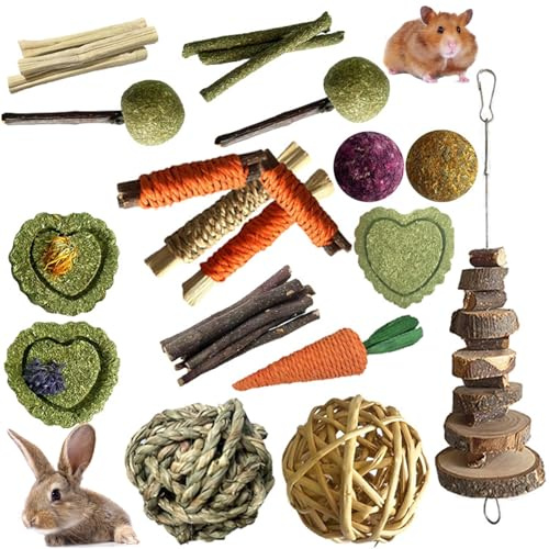 Fychuo Rabbit Toys Boredom Breaker Guinea Pig Toys Hamster Ball Timothy Hay Rat Toys and Accessories for Cage Gerbil Chinchilla Toys Chew Bunny Straw for Rabbits 18pcs Toy for Small Animals