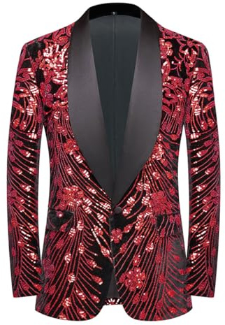 CARFFIV Män paljetter sammet scenfest bal bröllop middag symmetri kostym jacka blazer, Röd, XS