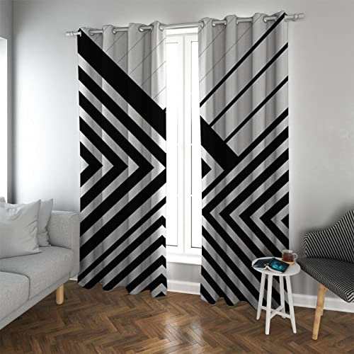 LANDOCROWN Minimalistische Streifenvorhänge 3D Schwarz und Weiß Verdunkelungsvorhang für Schlafzimmer Hotel Dekor Moderne ästhetische Ösenfenstervorhänge H90 x B132 cm