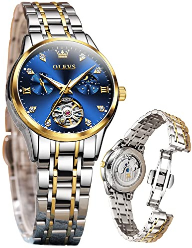 OLEVS Damenuhr Damen Automatik Mechanisch Skelett Luxus Diamant Elegant Edelstahl Wasserdicht Analog Original Silber Uhr