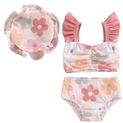Carolilly Costume da Bagno Neonata 3 Pezzi Bikini Bambina Stampa Floreale Swimsuit Top con Maniche Volant+Pantaloncini da Bagno+Cappello da Bagno (Multicolore, 6-12 Months)