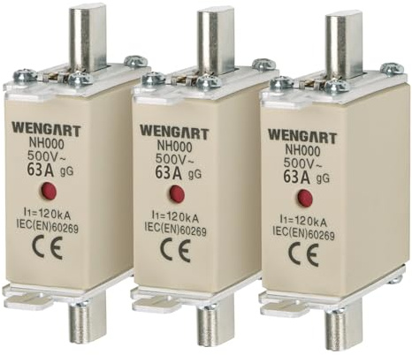 Wengart Fusibles à Couteaux NH000 (Taille 000) 63A gG AC 500V Lot de 3 Pièces Haut Pouvoir de Coupure 120kA Avec Indicateur de Fusion Visuel Format Étroit pour Systèmes Industriels et Photovoltaïques