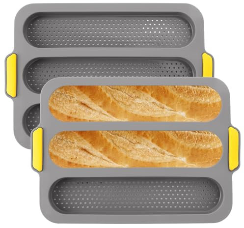 EATHEATY 2 Stück Silikon-Baguette-Pfanne, 3 Wellen, lang, Brot, Backblech, Baguette-Pfanne, antihaftbeschichtet, für Backofen, Bäcker, Baguettes und Brote, französische