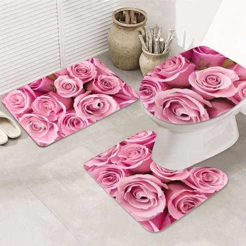 FLYIFE Rutschfeste Badematten-Sets mit rosa Rose, 3-teiliges Set, Flanell-Badezimmerteppich mit U-förmiger WC-Vorleger und WC-Sitzbezug