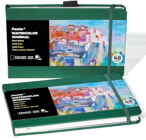 Funto Watercolor Journal, 8.5x5.5, 2 Pack, 48 Pages Each, Green Leather Cover, Cold-Pressed, Inner Paper Pocket, Art Supplies for Mixed Media