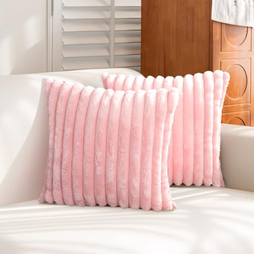 Uhomy Juego de 2 fundas de cojín decorativas de pelo sintético para el hogar, lujosas, súper suaves, difusas, rayadas, peludas, para sofá, sillón, dormitorio, cómodas, gruesas, esponjosas, funda de