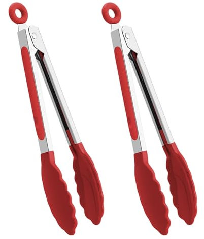 MAEXUS Pinze da cucina in silicone, 2 pezzi, maniglie in silicone antiscivolo, adatte per friggitrice ad aria calda, colore: rosso