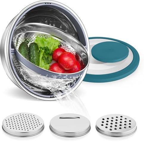 E-far Colander with Mixing Bowl Set, 4-1 Stainless Steel Colander Strainers Bowl with Graters for Kitchen, Rotatable Food Strainer Bowl for Rinsing Fruits Vegetables/Draining Pasta - Blue