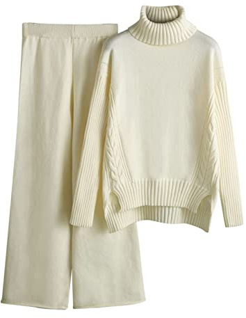HEONSATI Tuta in Maglia da Donna Eleganti Completi 2 Pezzi Lavorati Comodo Completo Pullover Top Maniche Lunghe Pantaloni a Gamba Larga in Vita Tute Sportive Invernale Set Di Maglia Leggera