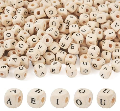 Crafans A-E-I-O-U Holz-Buchstabenperlen, 8 mm, Würfel, Alphabet-Abstandshalter, horizontales Loch, Holzperlen, bedruckt, natürliche Holzperlen für DIY-Schmuckherstellung, Antikweiß, 250 Stück