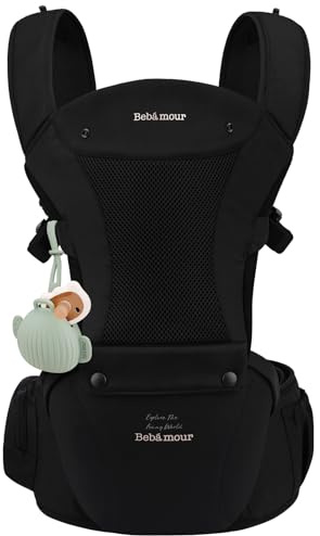 Bebear Marsupio,Bebamour Marsupio per 0-36 mesi, marsupio traspirante da neonato a bambino, approvato dagli standard di sicurezza, seggiolino ergonomico 6 in 1 anteriore,Cotton Black