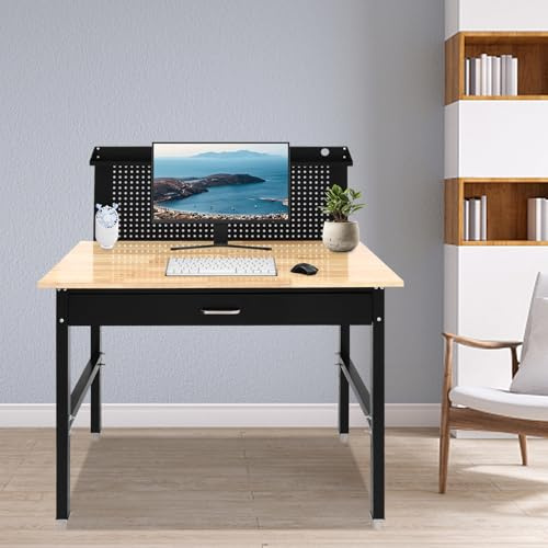 Adjustable Garage Workbench 122 x 61 cm Work Bench for Garage Office Home 65-90cm Height Adjustment Workbench, Oak+Carbon Steel Heavy Duty Workbench for Workshop Home, 900 kg Load Capacity