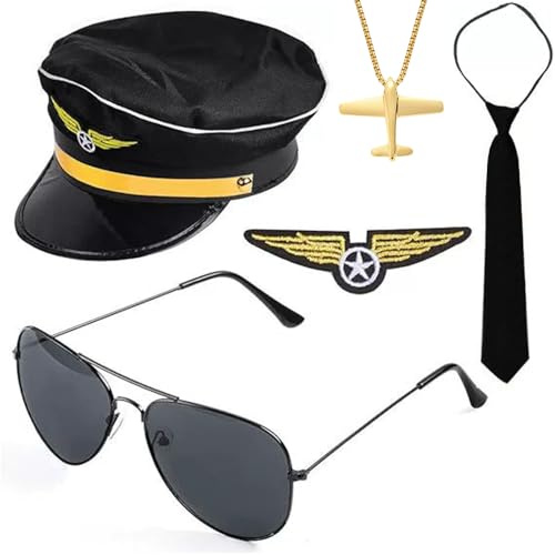 TOEECY Set Accessoires Costume Capitaine Pilote Homme Casquette, Insigne, Cravate, Bretelles, Lunettes de Soleil Parfait pour les Fêtes Masque et Cosplay Hommes Adultes