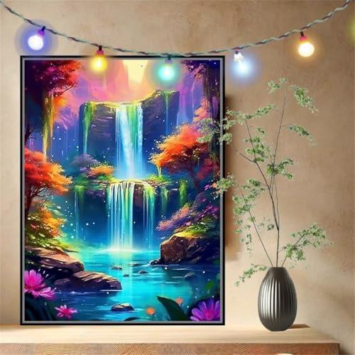 Malen nach Zahlen Erwachsene Landschaftswasserfall, Paint by Numbers Knitterfreie Leinwand Kit für Anfänger, DIY Basteln Acrylfarbe Handgemalt Ölgemälde Kit für Wand Dekoration Geschenk (30x40cm)