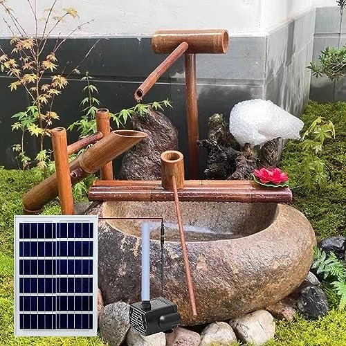 JYHHGDS Fontana Solare in bambù per Giardino Zen, con Pompa, zattere e cucchiai di bambù, Piccola Fontana in Legno per Esterni, Fontana Fai da Te per Giardino, bambù Grezzo, Creativi, bambù Grezzo