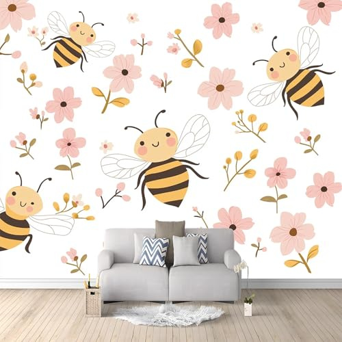 Papel Pintado Panorámico Abeja Linda De Dibujos Animados 300x210 cm Fotomurales No Tejido, Murales Decoración Póster Pared Personalizado 3D Para Salón Dormitorio