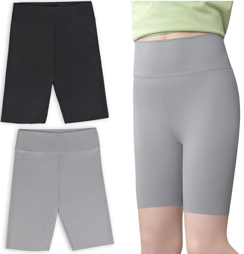 srclo 2 Pairs Girls Cycling Shorts Stretchy Dance PE Short Breathable Under Dress for Kids School Sport Yoga Bike Riding Black Grey 6-13 Years