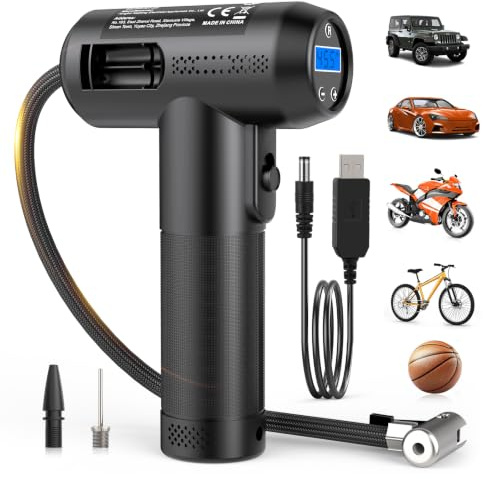 PASUKTER Autoreifen Pumpe Elektrisch, 4000mAh, 150PSI Tragbare Luftpumpe, Elektrische Luftpumpe mit LED-Licht und 2 Düsenadaptern für Autos, Fahrräder und Bälle