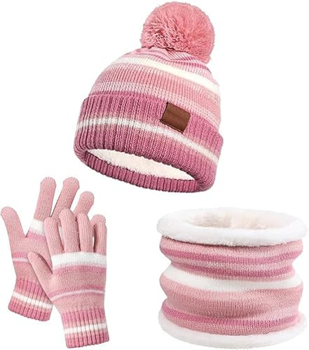 Icegrey Winter Mütze Kinder Loop Schal Handschuhe Set, Warm Bommelmütze Strickmütze Thermo Schlauchschal Strickhandschuhe für 4-10 Jahre Jungen Mädchen
