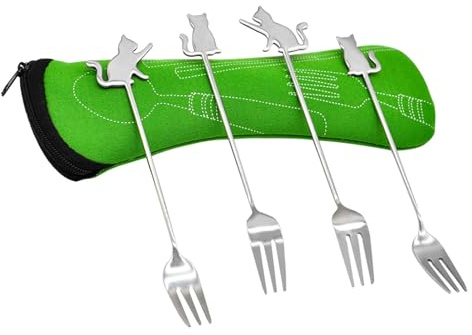 Cake Forks Lovely Cat Stainless Steel Fruit Pastry Dessert Forks with Case for Home Home Camping Picnic 4pcs (14.6x2cm)