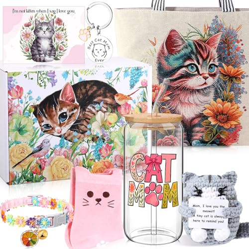 Sadnyy 8 Pcs Cat Themed Gifts for Women Cat Lovers Funny Crazy Mom Gifts Box Basket Set 16 oz Glass Cup Tote Bag Crochet Animal Keychain Stuff Present for Lady People Who Love Kitten Birthday