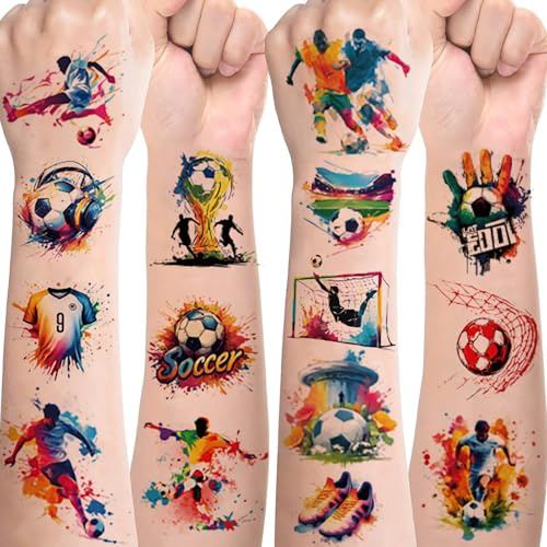 10 Blätter Fußball Tattoos für Kinder,Bunte Temporäre Tattoo Aufkleber mit Farbspritz Motiven,Wasserdicht Fußball Sticker für Fußballparty,Geburtstag Mitgebsel und Fanartikel für Fußballfans