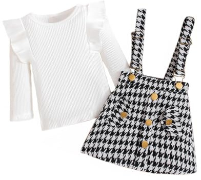 HPSOM Toddler Baby Girl Skirt Set Long Sleeve Ruffles Ribbed Top Shirt Plaid Suspenders A-Line Dress Fall-Winter Clothing Set