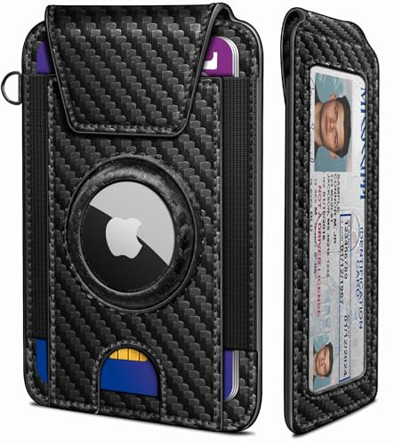 miyozi Ultra Slim AirTag Card Holder for Men - RFID Blocking Minimalist Wallet with Magnetic Flap, 0.25 Thin No Bulge Pocket Wallet, Holds 6-8 Cards with ID Window, Gift Boxed