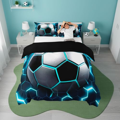 Homewish Boys Football Duvet Cover Set Cot Blue Honeycomb Kids Bedding - Vibrant Soccer Print Quilt Cover Neon Geometric Teens Bedroom Decor - Black Reversible Bed Set with 1 Pillowcase