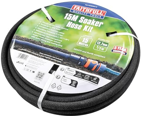 Faithfull Soaker Hose Kit 15M (49ft) 12.5mm (1/2in) – Micro Porous Water-Saving Garden Drip Irrigation Hose, UV & Frost Resistant with Quick Fitting Pressure Reducer & Sealing Plug