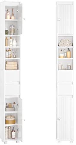 FORABAMB Badezimmerschrank schmal, Badschrank Hochschrank mit Verstellbaren Ablagen, 2 Schubladen, offenen Fächern, Platzsparender Badezimmer Schrank für Badezimmer,Wohnzimmer, 20 x 20 x 180 cm, Weiß