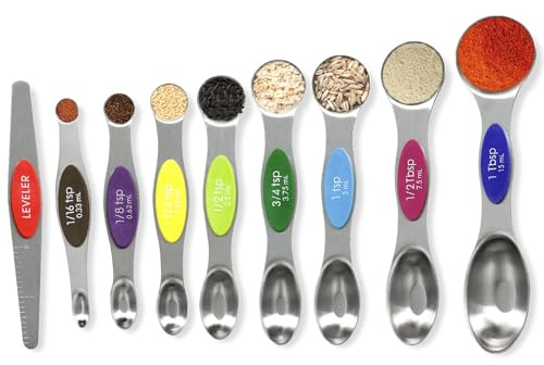 Measuring Spoons Sets of 8, Magnetic Measuring Scoop, Dual Sided Teaspoon Measure for Liquid & Dry Ingredients, Magnet Tablespoon with Scale and Leveler, Fits Most Spice Jars for Cooking Baking Tools