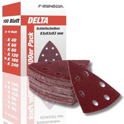 Delta-Schleifdreiecke mit Klett, Korn 180, 100 Stück, 93 x 93 x 93 mm, 6 Löcher, für Deltaschleifer & Multischleifer, Schleifpapier, Staubabsaugung
