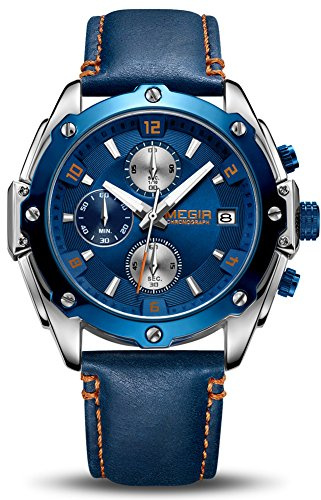 MEGIR Orologio da uomo analogico al quarzo con cinturino in pelle blu alla moda cronografo luminoso calendario automatico per sport e lavoro (2074 blu), Blu, Cinturino