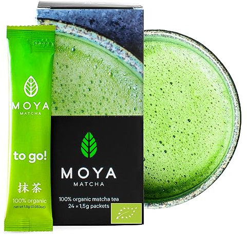 Organic Moya Matcha to Go! Sachet Tea | Box of 24 x 1,5g Packets Sticks | Powder Perfect for Drinking with Water, Lattes, Smoothies & Lemonades