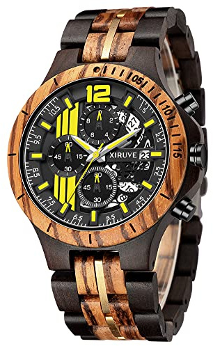 XIRUVE Holz Quarz Armbanduhr für Herren Datum Chronograph mit Geschenkbox Naturholz