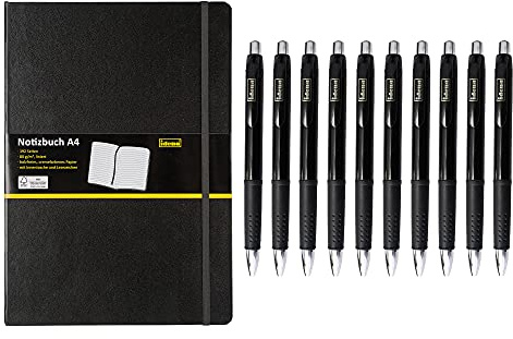 Idena 209292 10130956 - Notizbuch DIN A4 liniert, Papier cremefarben, 192 Seiten, 80 g/m², Hardcover in schwarz und Kugelschreiber mit Druckmechanik, 10 Stück, Schreibfarbe schwarz