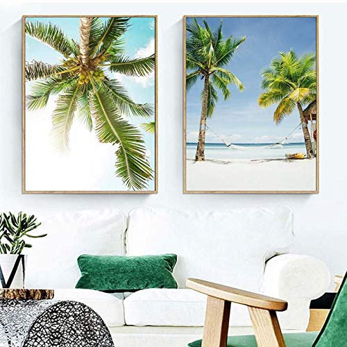 Nordische einfache Palme Wandbilder, Kunstdruck Natur Poster Landschaft Leinwand Malerei Moderne Dekoration Schlafzimmer Strand 50x75cmx2pcsKein Rahmen