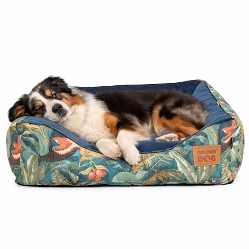 Golden Dog Hundebett Hundekorb Waschbarer Hundekorb Flauschige Hundematratze mit erhöhten Rändern Weiches Hundesofa, Katzen Samt „Square Kinia“ (Vögel, XL)
