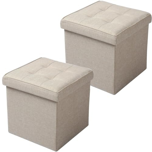 WOLTU 2er Set Sitzhocker mit Stauraum Sitzwürfel Sitzbank Faltbar Truhen Aufbewahrungsbox, Deckel Abnehmbar, Gepolsterte Sitzfläche aus Leinen, 37,5x37,5x38CM(LxBxH), Beige