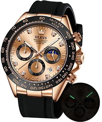 OLEVS Men's Watches Rose Gold Chronograph Multifunction Sport Silicone Luxury Diamond Moon Phase Male Watch Waterproof Wrist Watch