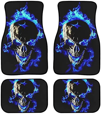 POLERO Blue Fire Skull Auto-Fußmatten für Männer und Frauen, coole Skelett-Automatten, 4 Stück, universell passend für die meisten Fahrzeuge