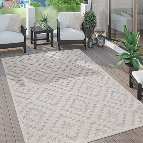 Paco Home Outdoor Teppich wetterfest & langlebig Moderne Boho-Designs mit 3D-Effekt Skandi-Look UV-beständig & robust für Balkon, Garten, Wohnzimmer & Küche, Grösse:80x250 cm, Farbe:Creme 2